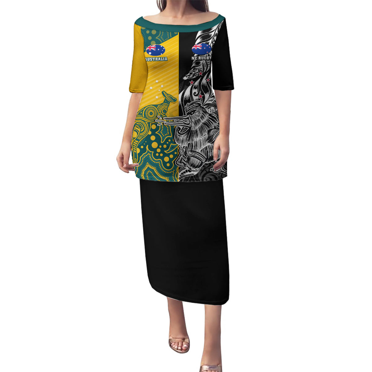 Custom New Zealand And Australia Rugby Family Matching Puletasi and Hawaiian Shirt Wallabies Kiwi Silver Fern 2023 World Cup