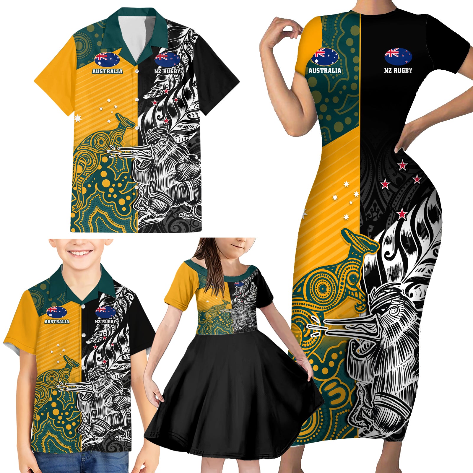 Custom New Zealand And Australia Rugby Family Matching Short Sleeve Bodycon Dress and Hawaiian Shirt Wallabies Kiwi Silver Fern 2023 World Cup