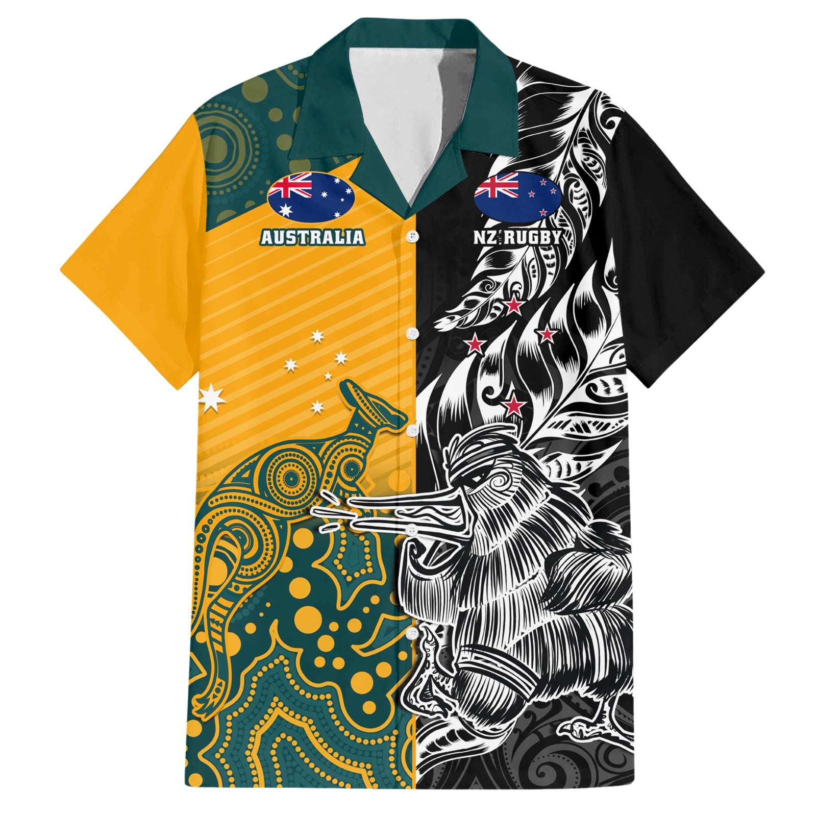 Custom New Zealand And Australia Rugby Family Matching Short Sleeve Bodycon Dress and Hawaiian Shirt Wallabies Kiwi Silver Fern 2023 World Cup