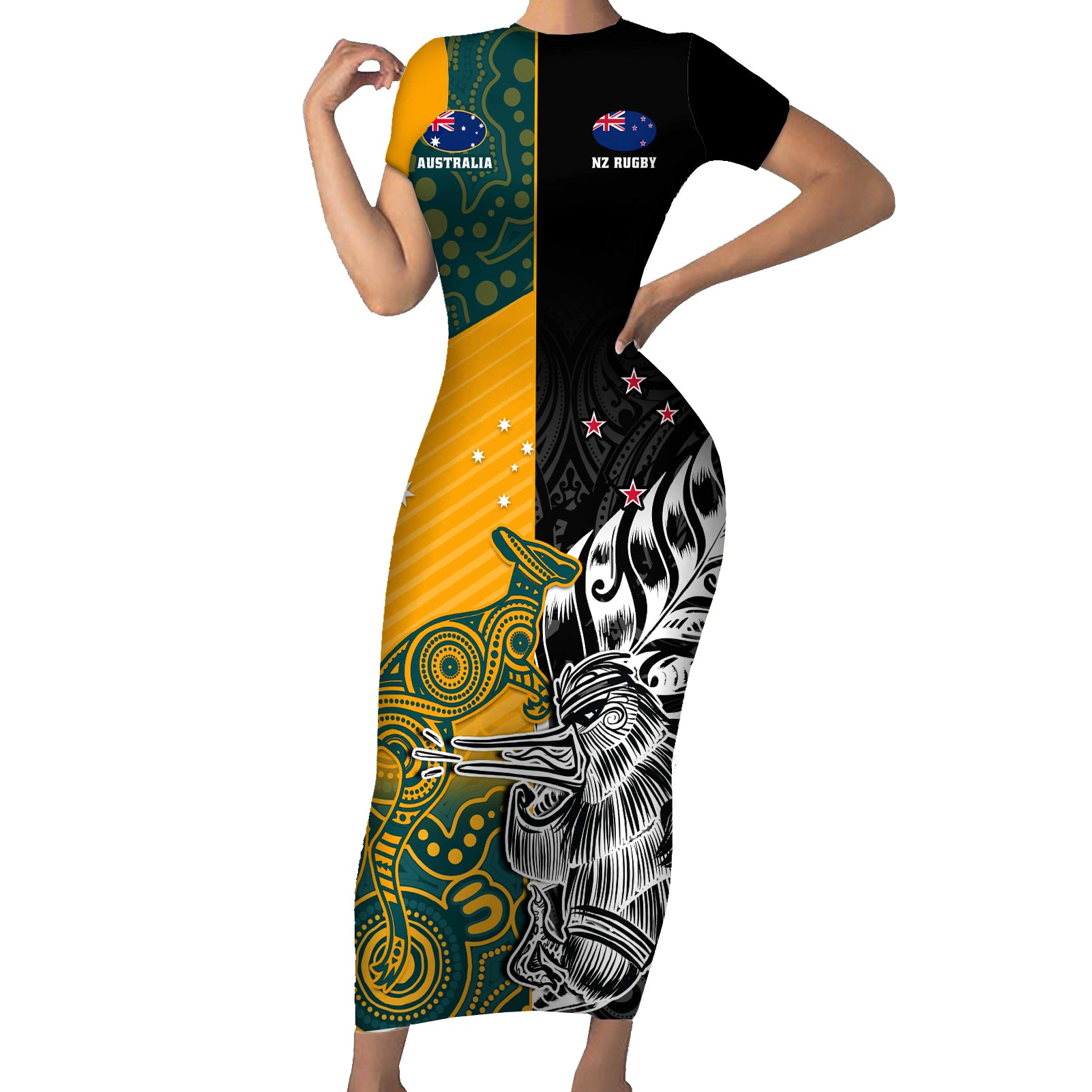 Custom New Zealand And Australia Rugby Family Matching Short Sleeve Bodycon Dress and Hawaiian Shirt Wallabies Kiwi Silver Fern 2023 World Cup