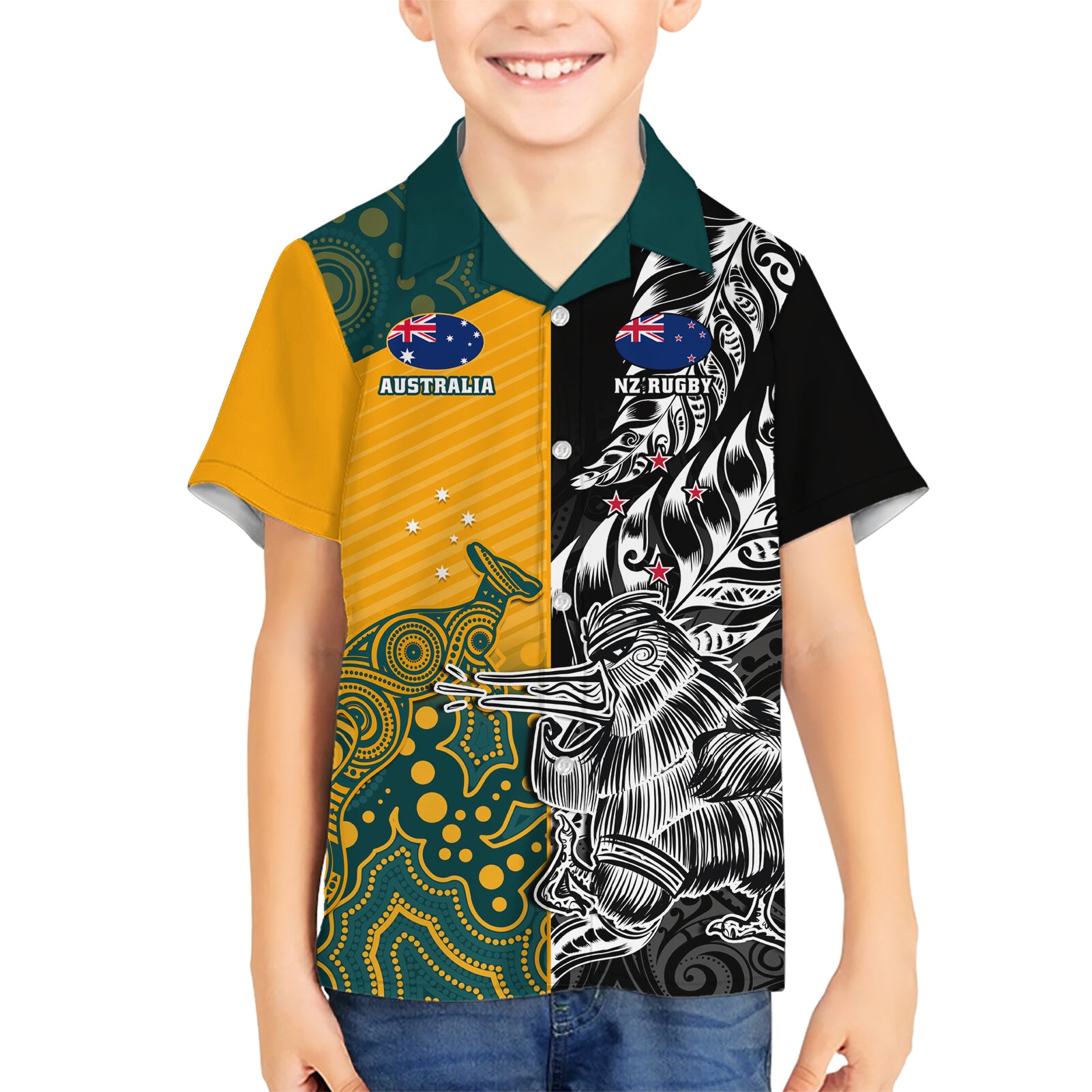 Custom New Zealand And Australia Rugby Family Matching Short Sleeve Bodycon Dress and Hawaiian Shirt Wallabies Kiwi Silver Fern 2023 World Cup