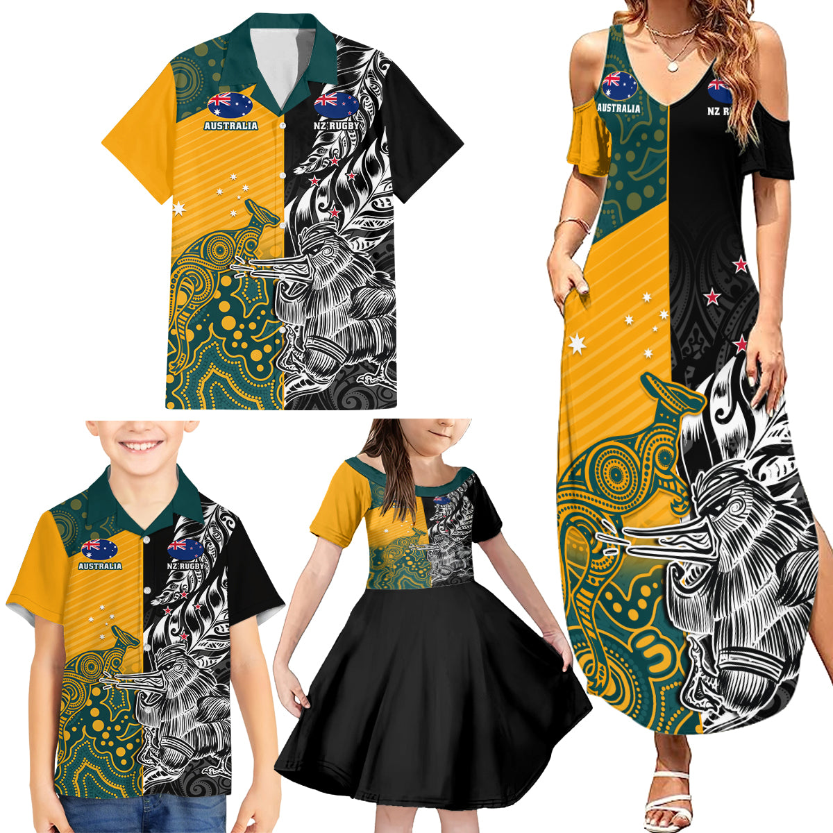 Custom New Zealand And Australia Rugby Family Matching Summer Maxi Dress and Hawaiian Shirt Wallabies Kiwi Silver Fern 2023 World Cup