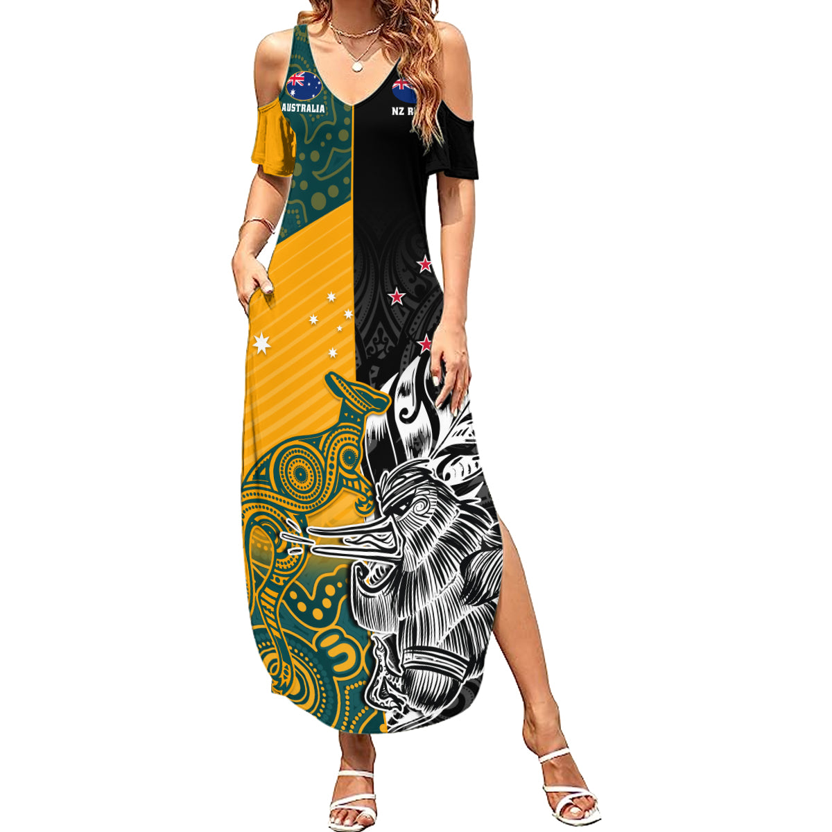 Custom New Zealand And Australia Rugby Family Matching Summer Maxi Dress and Hawaiian Shirt Wallabies Kiwi Silver Fern 2023 World Cup