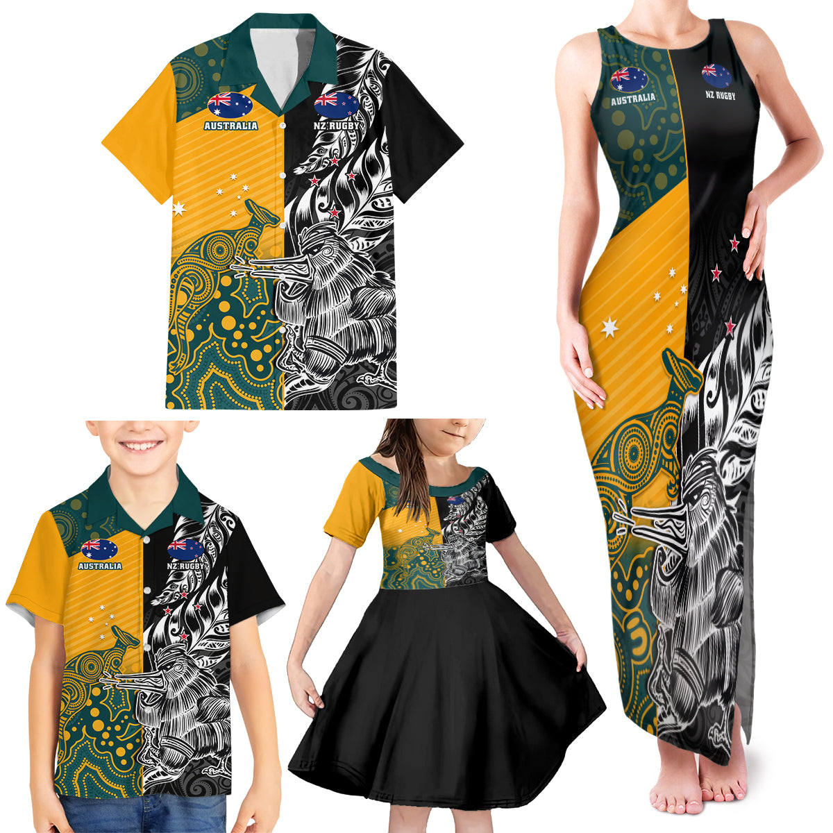 Custom New Zealand And Australia Rugby Family Matching Tank Maxi Dress and Hawaiian Shirt Wallabies Kiwi Silver Fern 2023 World Cup