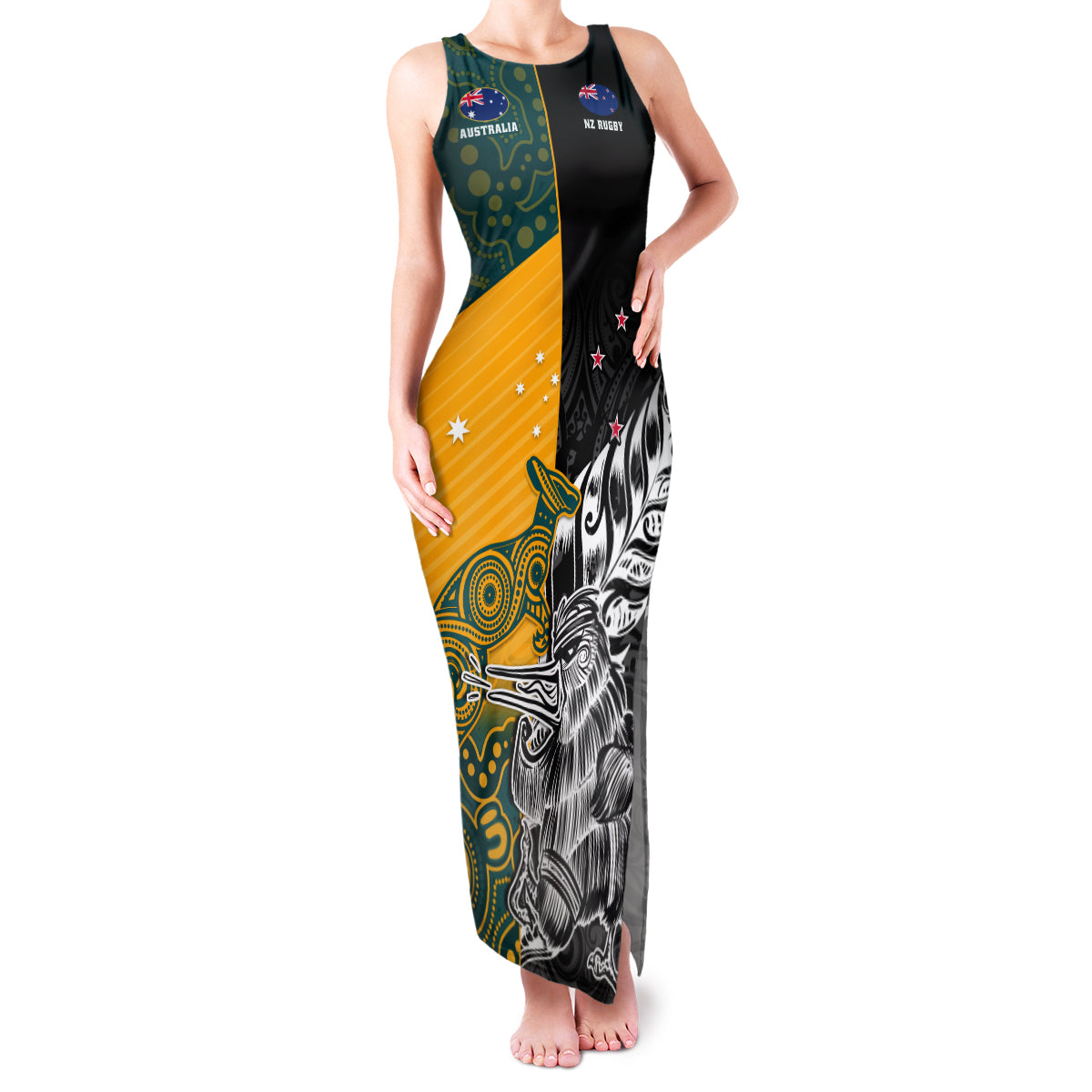Custom New Zealand And Australia Rugby Family Matching Tank Maxi Dress and Hawaiian Shirt Wallabies Kiwi Silver Fern 2023 World Cup
