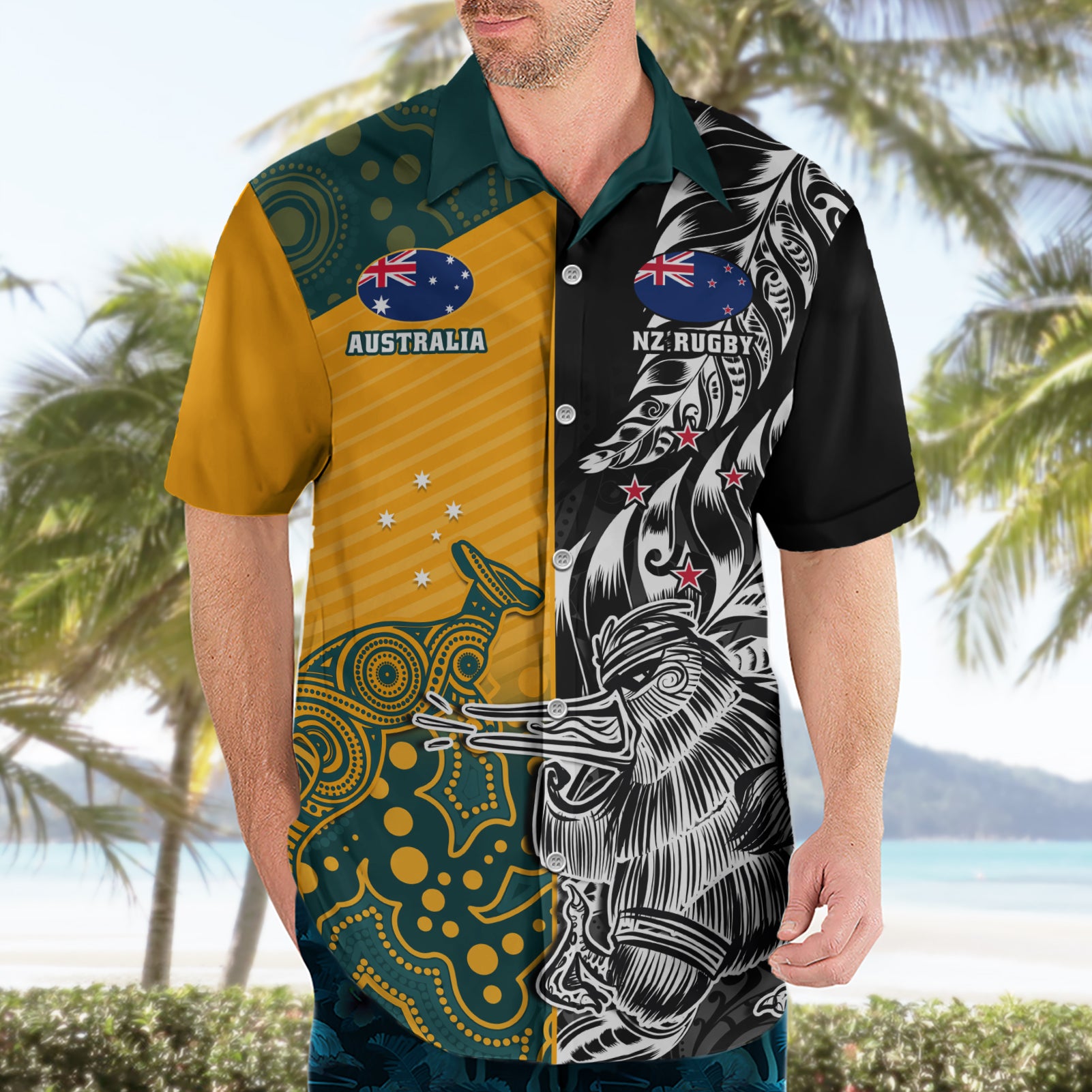 Custom New Zealand And Australia Rugby Hawaiian Shirt Wallabies Kiwi Silver Fern 2023 World Cup - Vibe Hoodie Shop