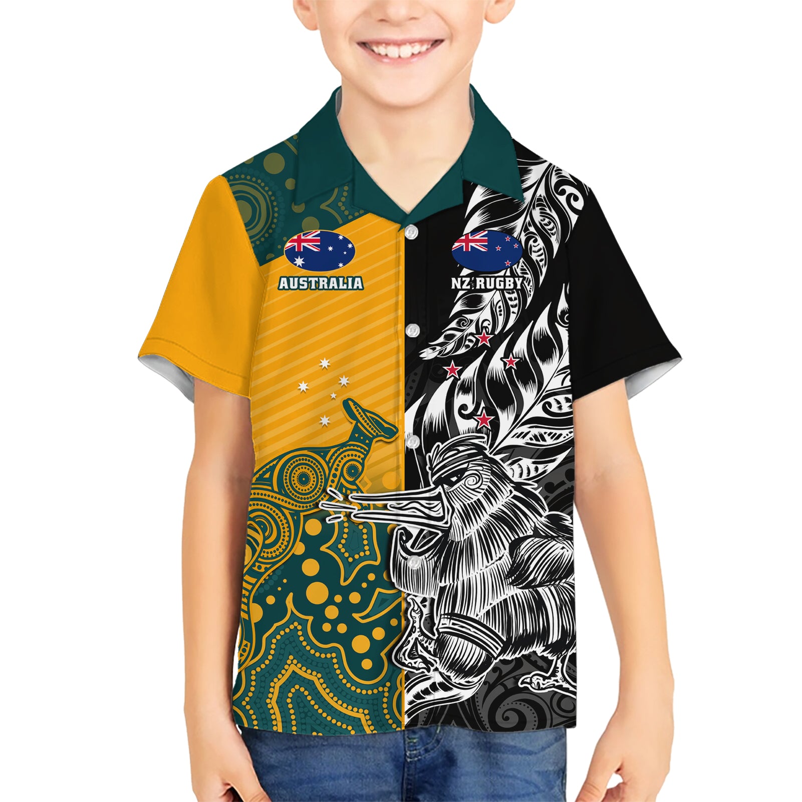 Custom New Zealand And Australia Rugby Kid Hawaiian Shirt Wallabies Kiwi Silver Fern 2023 World Cup