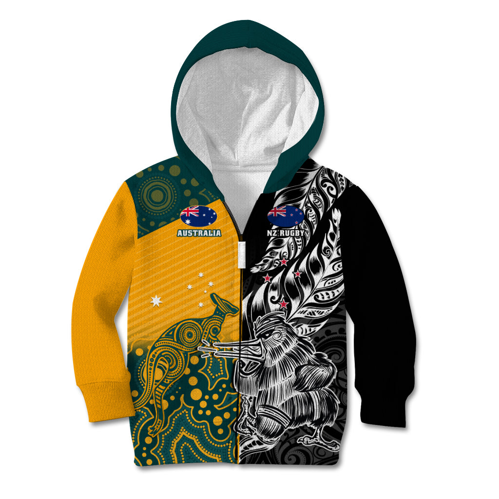 Custom New Zealand And Australia Rugby Kid Hoodie Wallabies Kiwi Silver Fern 2023 World Cup - Vibe Hoodie Shop