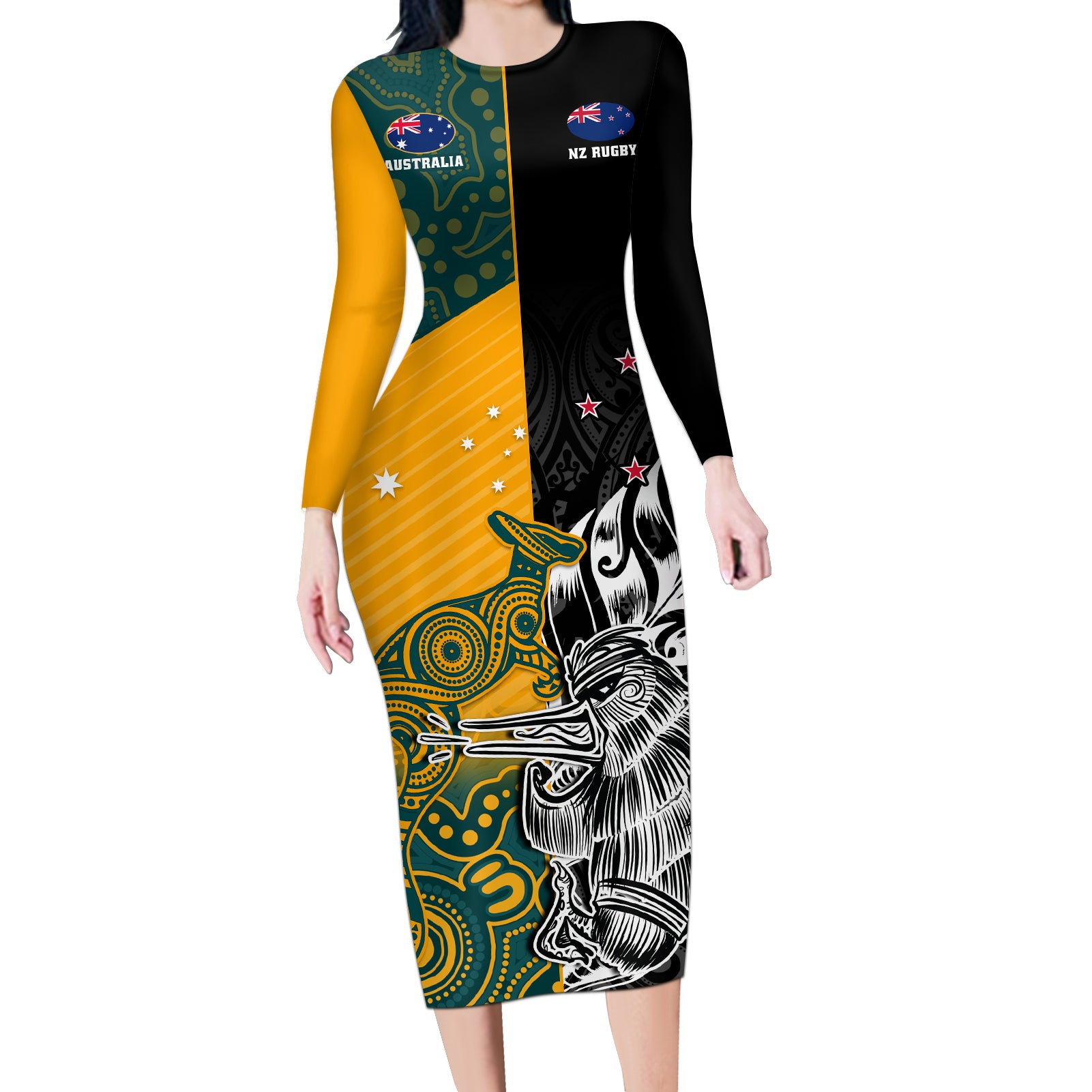 Custom New Zealand And Australia Rugby Long Sleeve Bodycon Dress Wallabies Kiwi Silver Fern 2023 World Cup