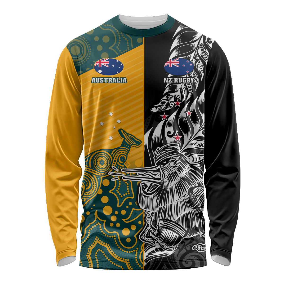 Custom New Zealand And Australia Rugby Long Sleeve Shirt Wallabies Kiwi Silver Fern 2023 World Cup - Vibe Hoodie Shop