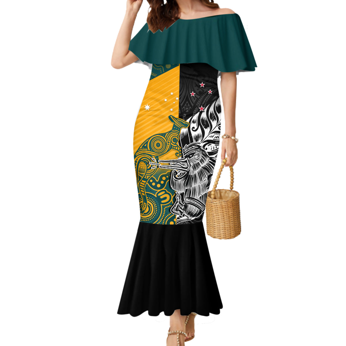 Custom New Zealand And Australia Rugby Mermaid Dress Wallabies Kiwi Silver Fern 2023 World Cup