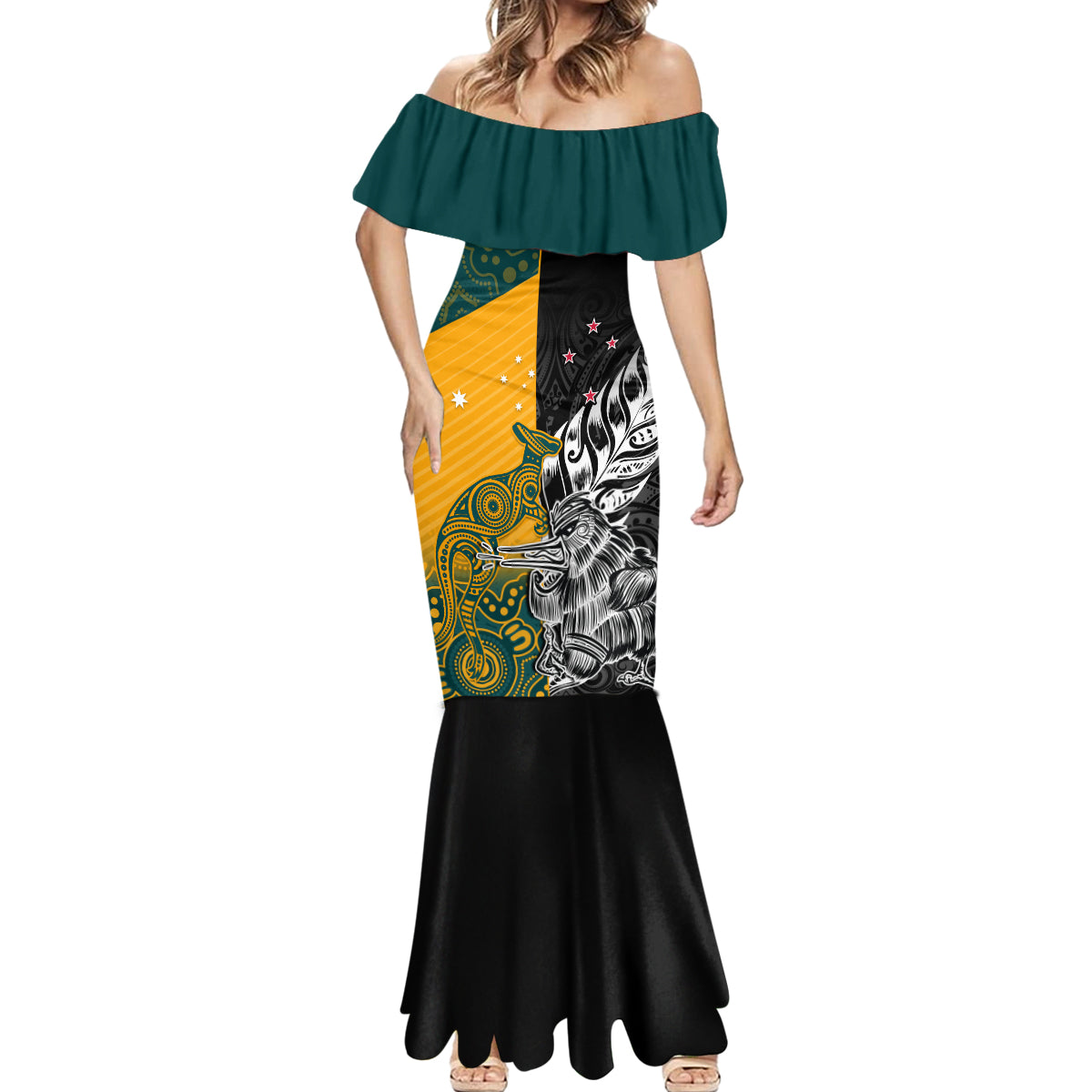 Custom New Zealand And Australia Rugby Mermaid Dress Wallabies Kiwi Silver Fern 2023 World Cup