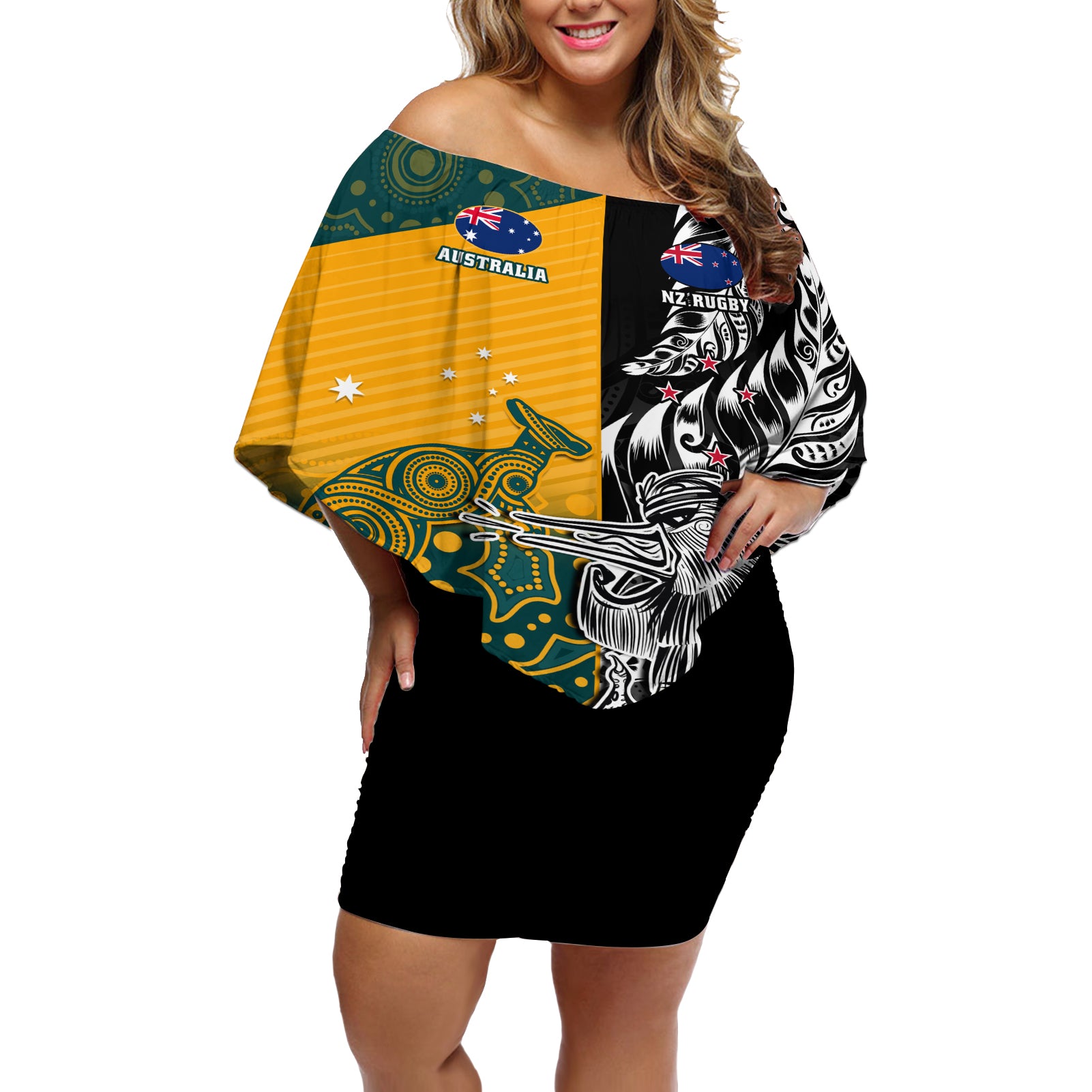 Custom New Zealand And Australia Rugby Off Shoulder Short Dress Wallabies Kiwi Silver Fern 2023 World Cup