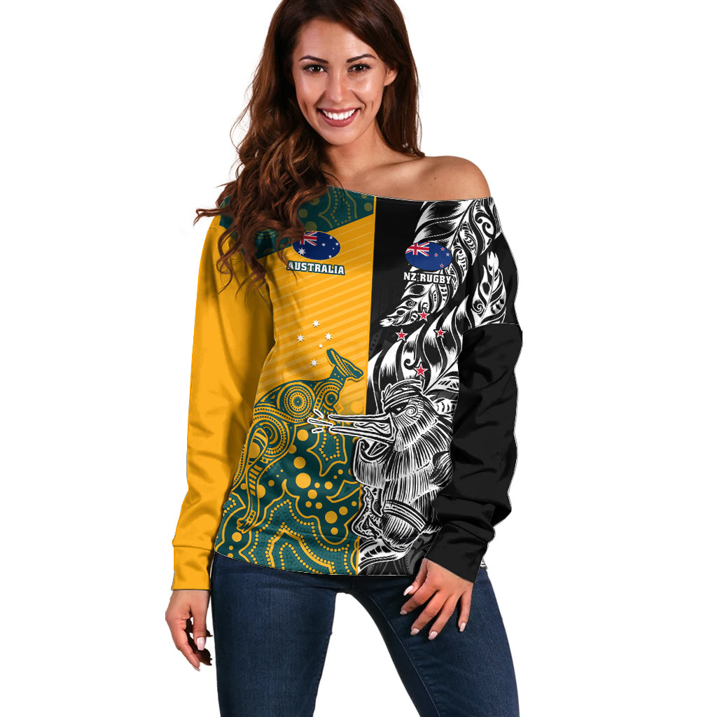 Custom New Zealand And Australia Rugby Off Shoulder Sweater Wallabies Kiwi Silver Fern 2023 World Cup - Vibe Hoodie Shop