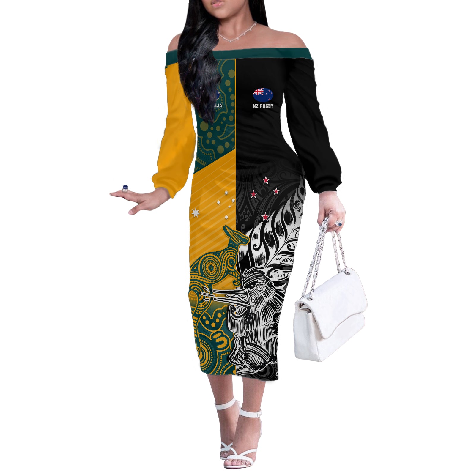 Custom New Zealand And Australia Rugby Off The Shoulder Long Sleeve Dress Wallabies Kiwi Silver Fern 2023 World Cup