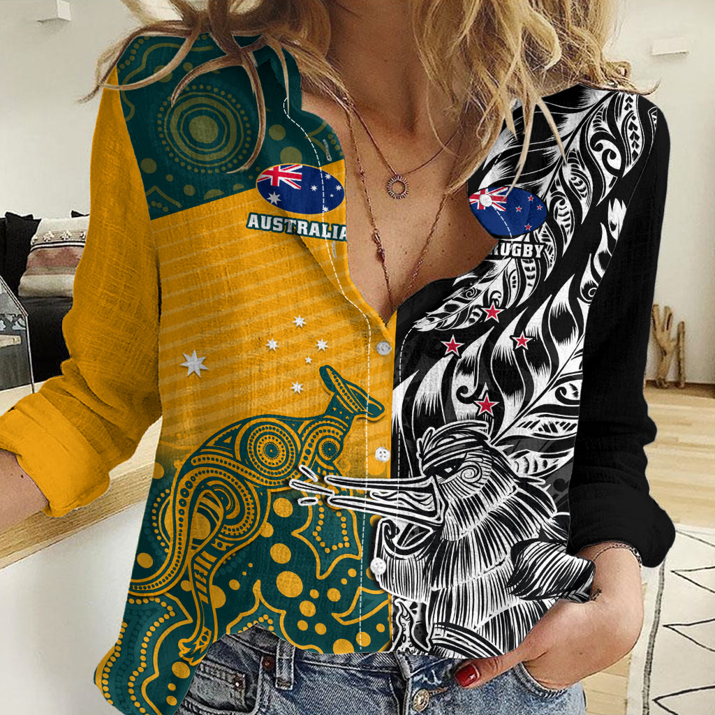 Custom New Zealand And Australia Rugby Women Casual Shirt Wallabies Kiwi Silver Fern 2023 World Cup - Vibe Hoodie Shop