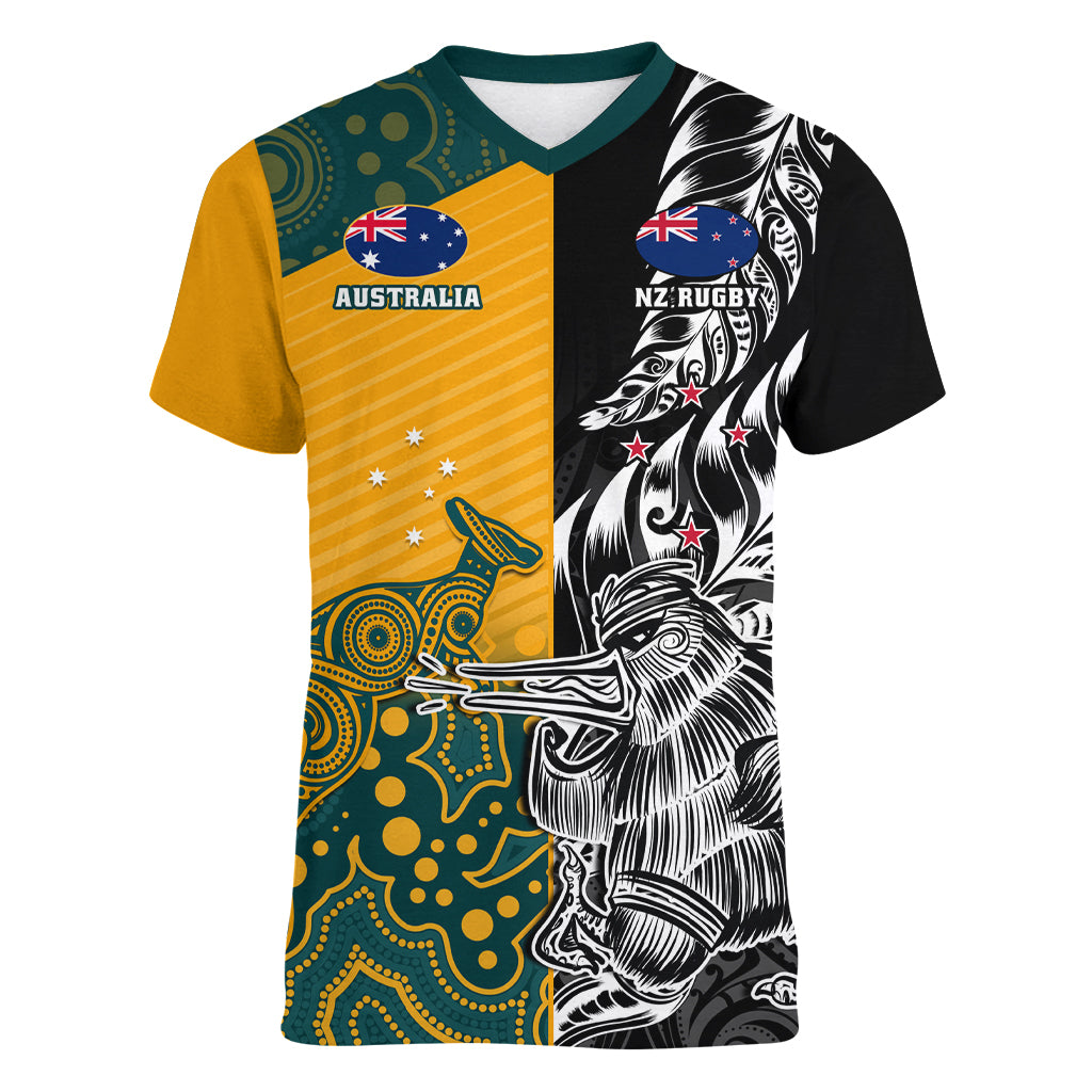Custom New Zealand And Australia Rugby Women V Neck T Shirt Wallabies Kiwi Silver Fern 2023 World Cup - Vibe Hoodie Shop