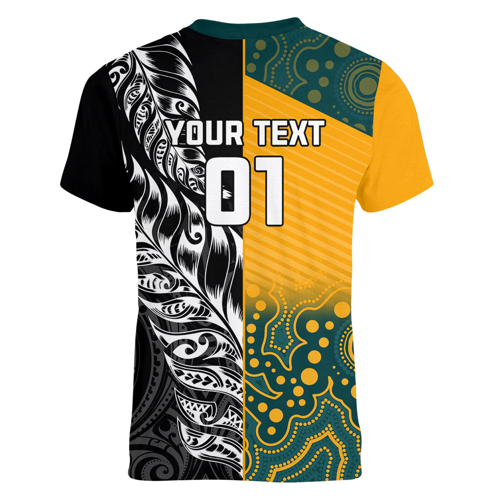 Custom New Zealand And Australia Rugby Women V Neck T Shirt Wallabies Kiwi Silver Fern 2023 World Cup - Vibe Hoodie Shop