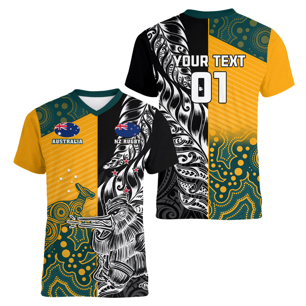 Custom New Zealand And Australia Rugby Women V Neck T Shirt Wallabies Kiwi Silver Fern 2023 World Cup - Vibe Hoodie Shop