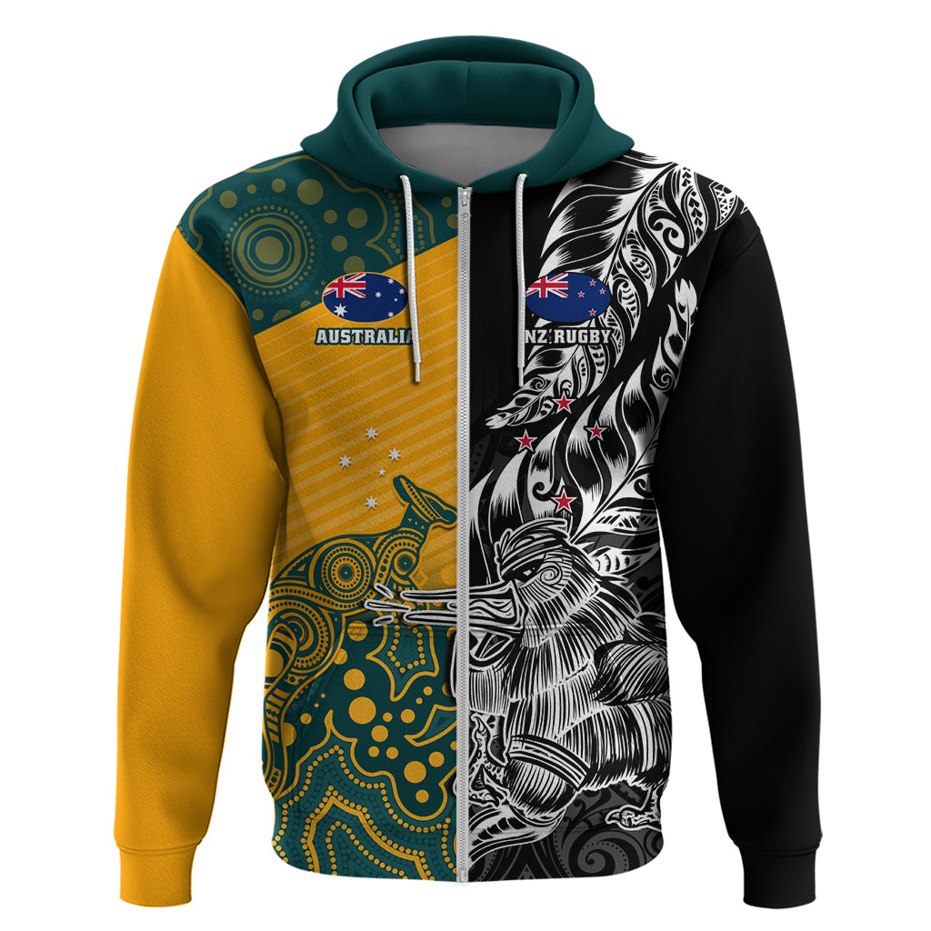 Custom New Zealand And Australia Rugby Zip Hoodie Wallabies Kiwi Silver Fern 2023 World Cup - Vibe Hoodie Shop