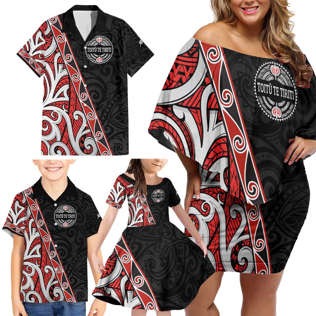 Aotearoa Toitu Te Tiriti Family Matching Off Shoulder Short Dress and Hawaiian Shirt Honour The Treaty New Zealand