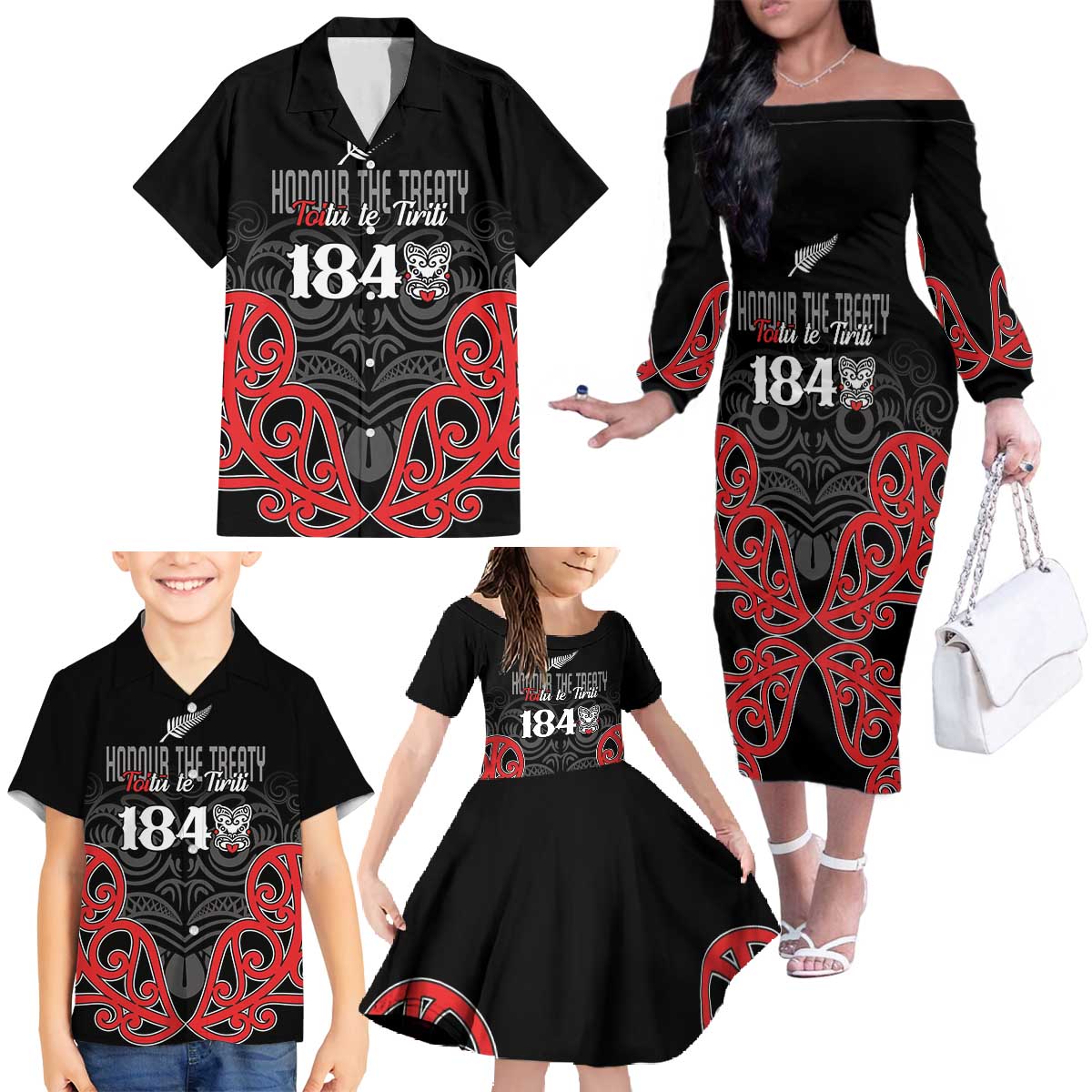 Toitu Te Tiriti 1840 Aotearoa Family Matching Off The Shoulder Long Sleeve Dress and Hawaiian Shirt Stand Together Stand Stronger