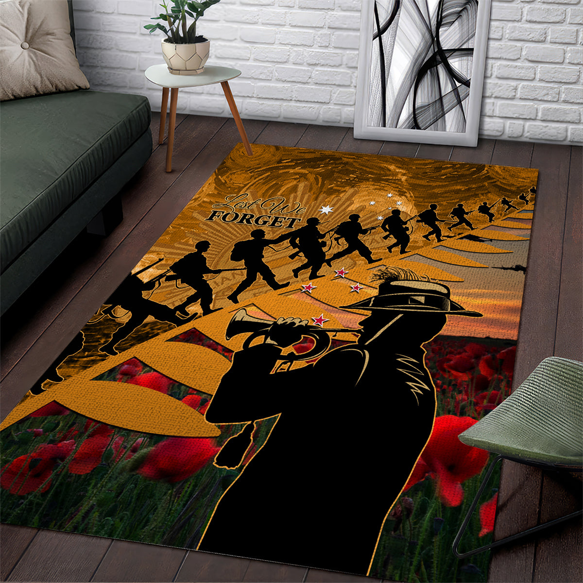 ANZAC Day 2024 Area Rug Silver Fern With A Trumpet Soldier - Vibe Hoodie Shop