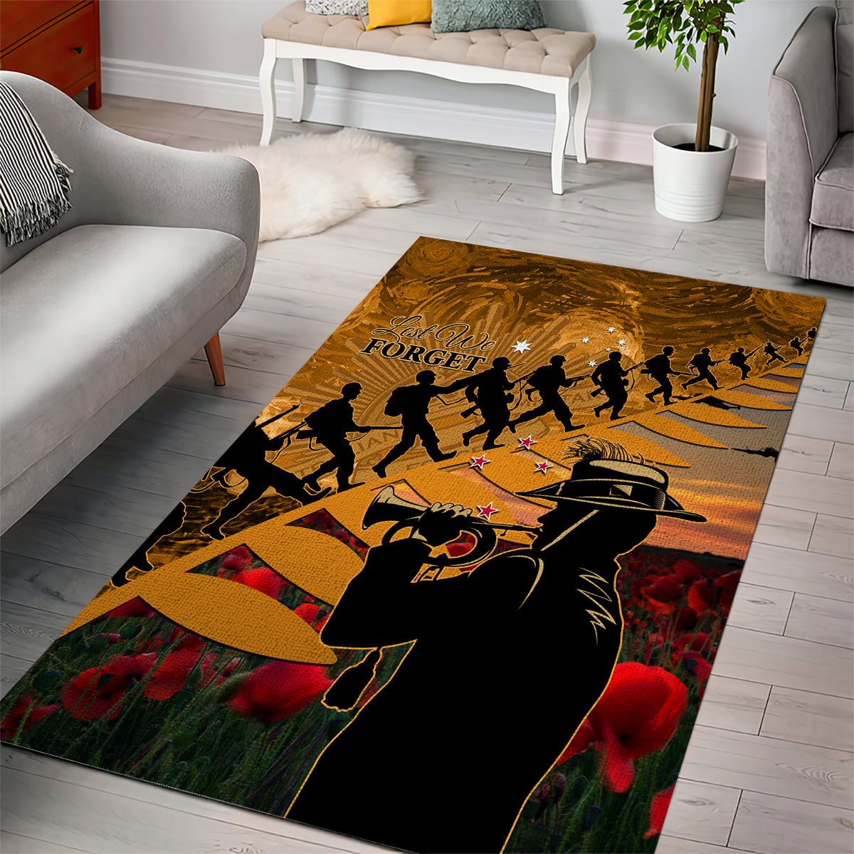 ANZAC Day 2024 Area Rug Silver Fern With A Trumpet Soldier - Vibe Hoodie Shop