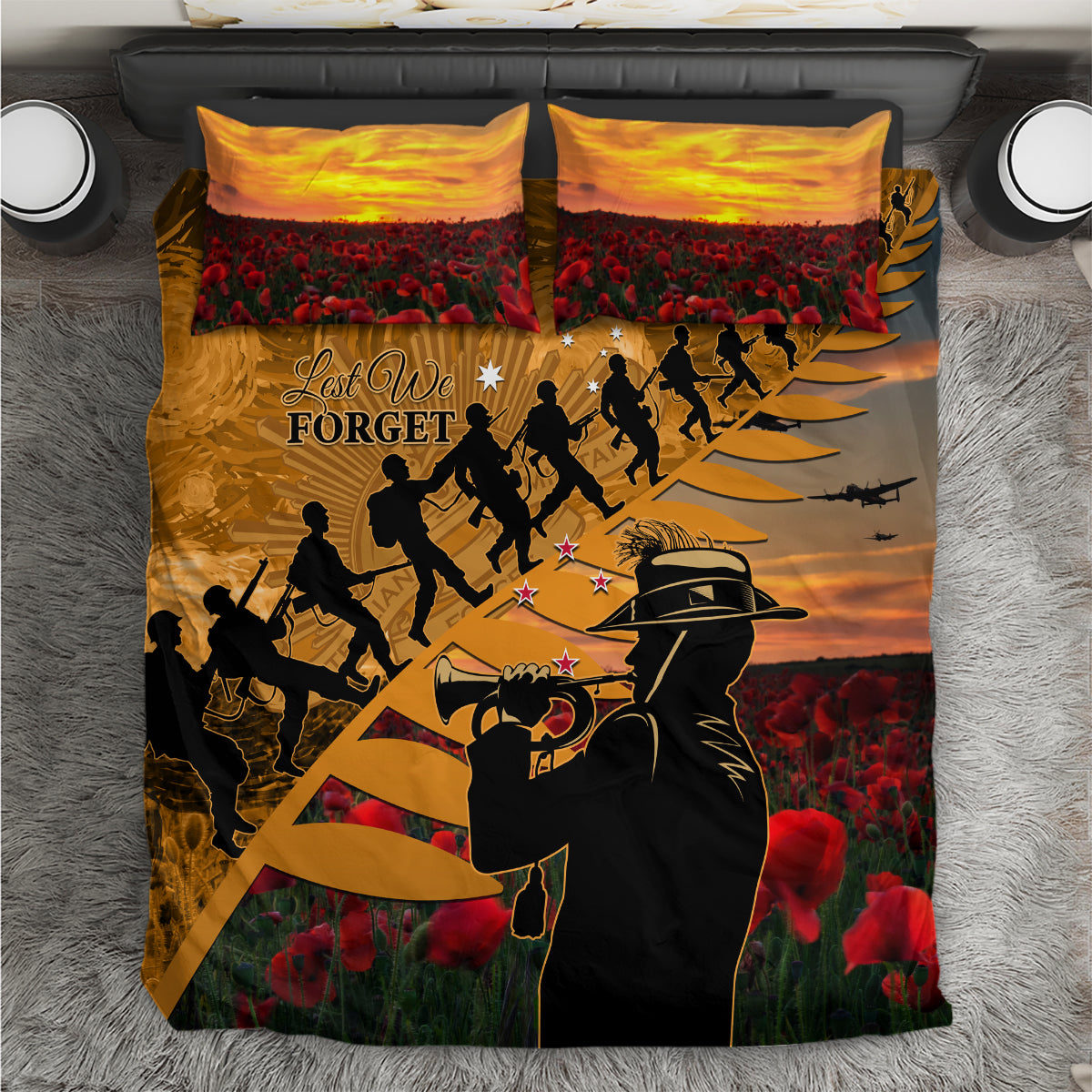 ANZAC Day 2024 Bedding Set Silver Fern With A Trumpet Soldier - Vibe Hoodie Shop