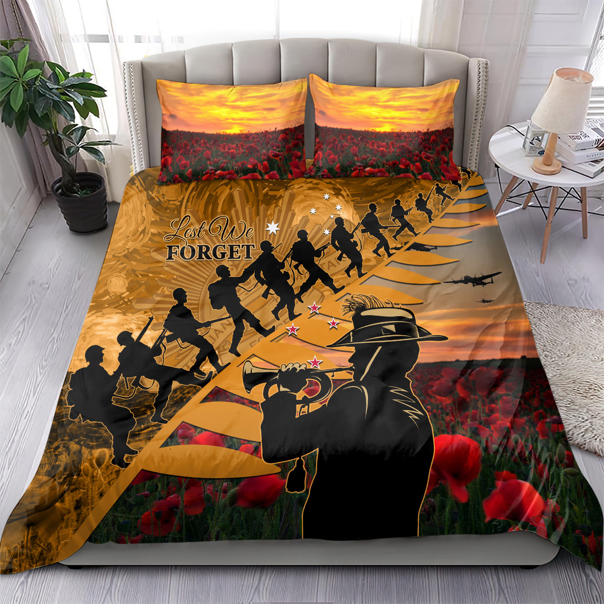 ANZAC Day 2024 Bedding Set Silver Fern With A Trumpet Soldier - Vibe Hoodie Shop