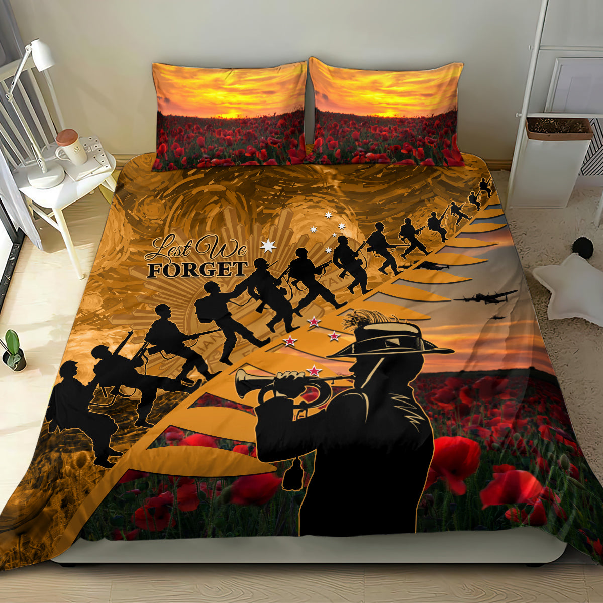 ANZAC Day 2024 Bedding Set Silver Fern With A Trumpet Soldier - Vibe Hoodie Shop
