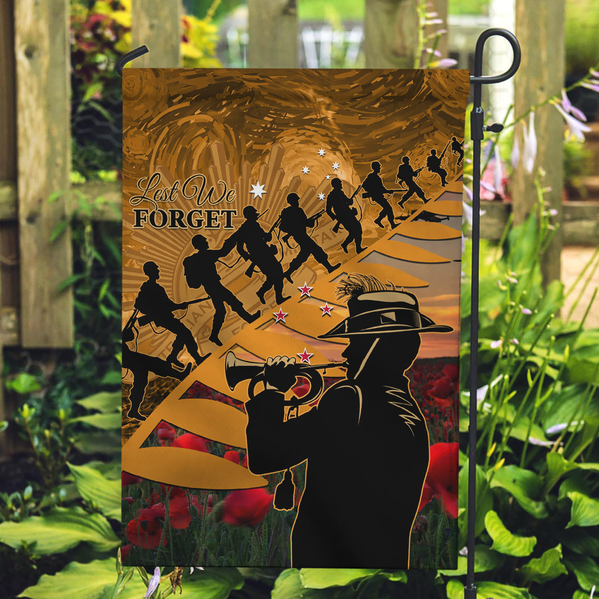 ANZAC Day 2024 Garden Flag Silver Fern With A Trumpet Soldier - Vibe Hoodie Shop