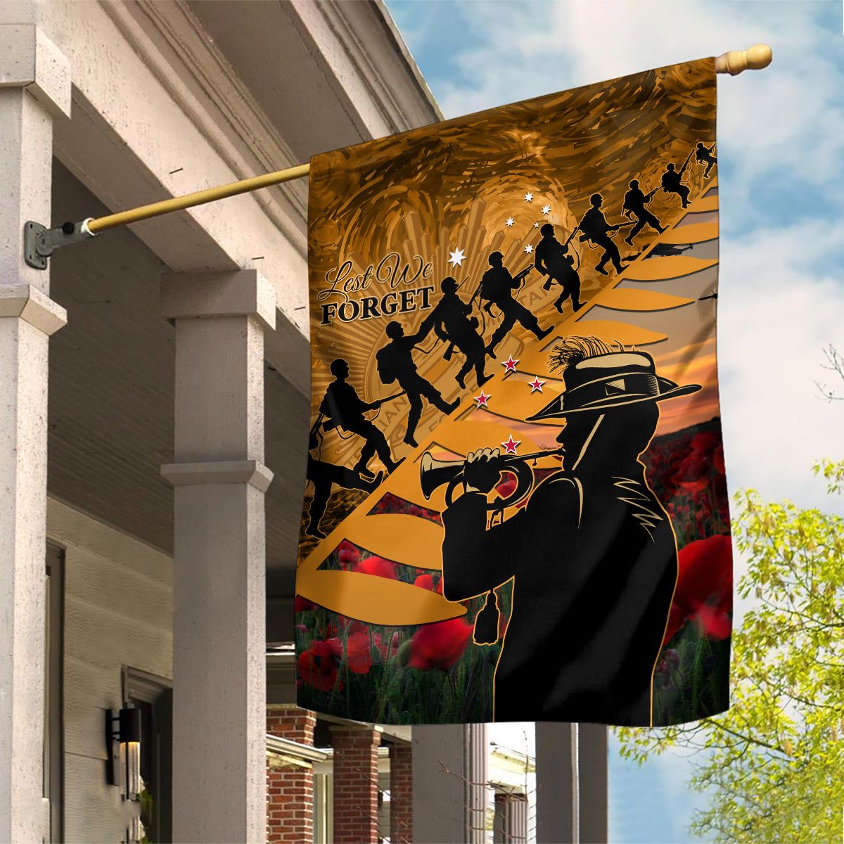 ANZAC Day 2024 Garden Flag Silver Fern With A Trumpet Soldier - Vibe Hoodie Shop