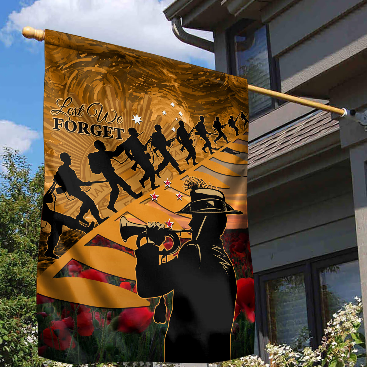 ANZAC Day 2024 Garden Flag Silver Fern With A Trumpet Soldier - Vibe Hoodie Shop