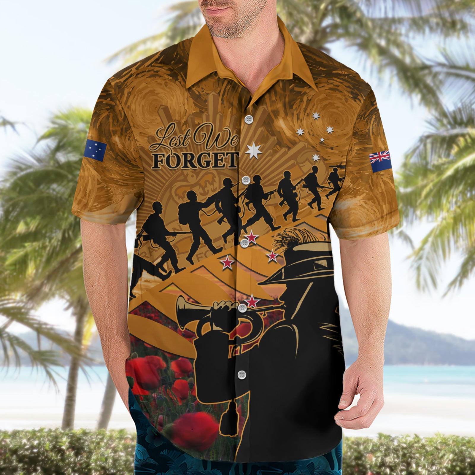 ANZAC Day 2024 Hawaiian Shirt Silver Fern With A Trumpet Soldier - Vibe Hoodie Shop