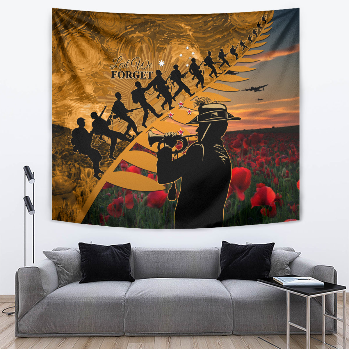 ANZAC Day 2024 Tapestry Silver Fern With A Trumpet Soldier - Vibe Hoodie Shop