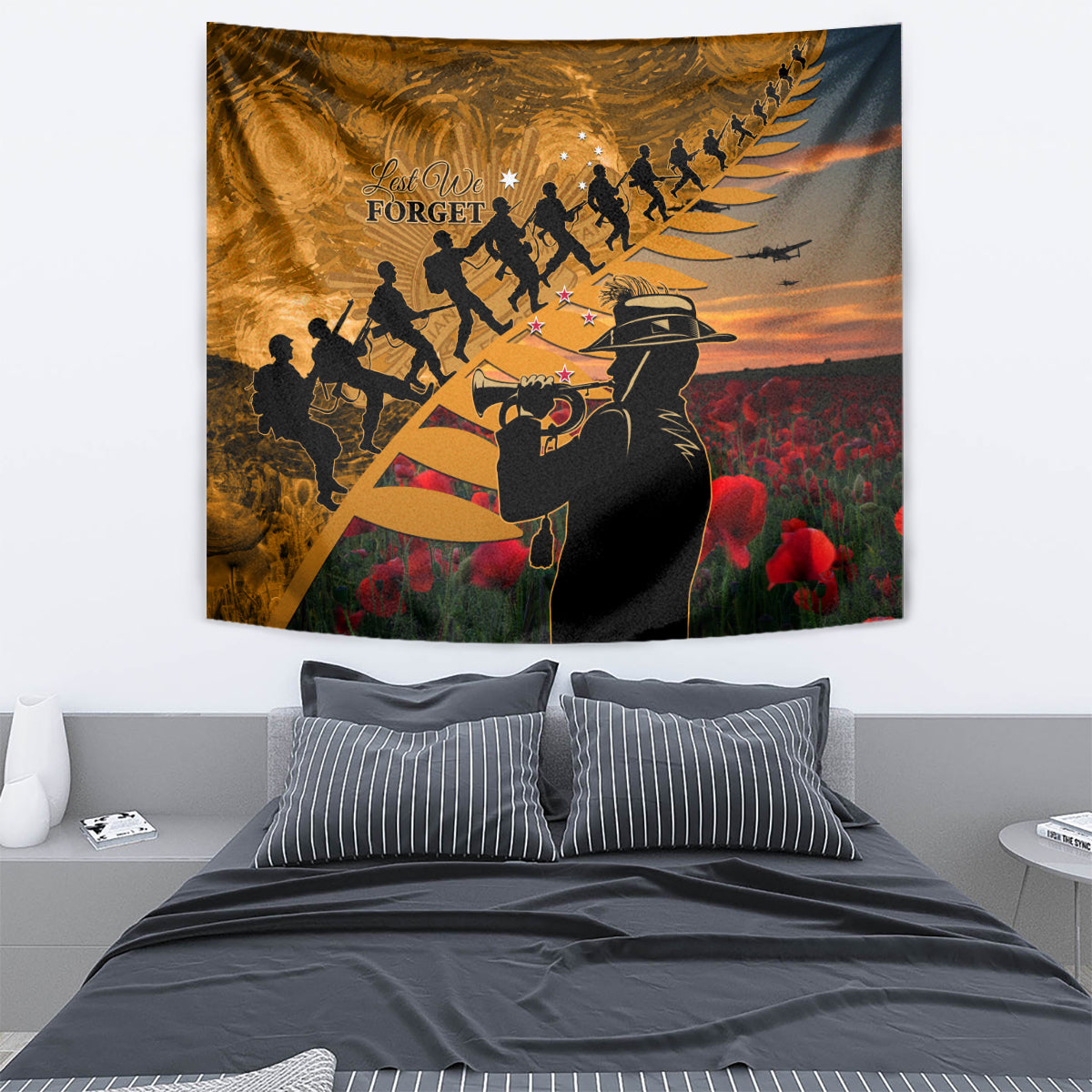 ANZAC Day 2024 Tapestry Silver Fern With A Trumpet Soldier - Vibe Hoodie Shop