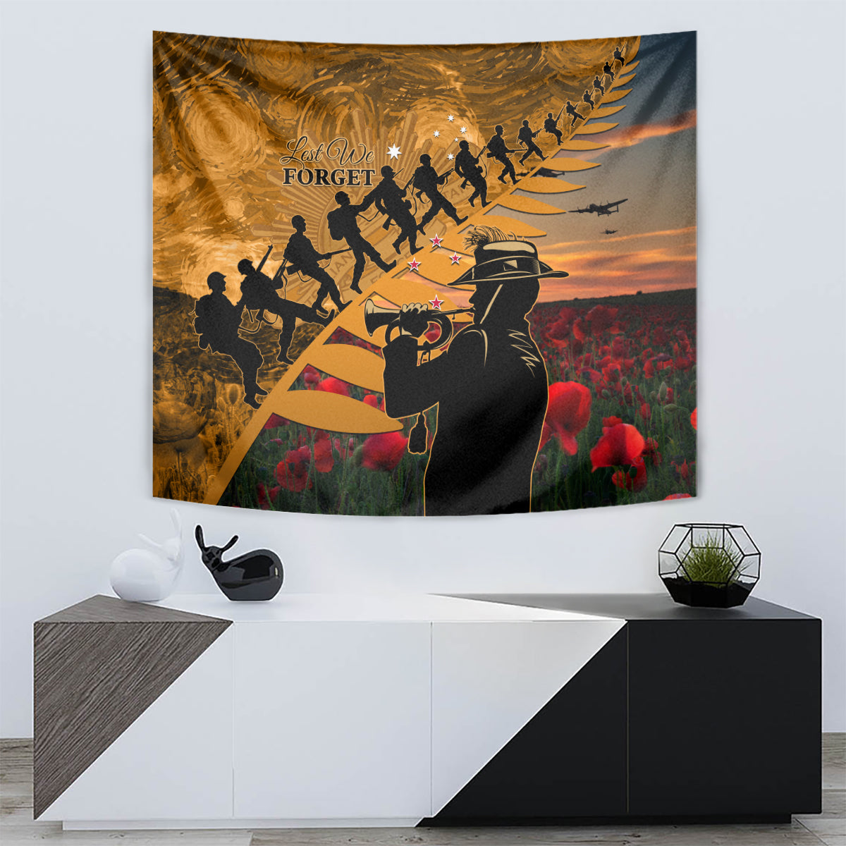 ANZAC Day 2024 Tapestry Silver Fern With A Trumpet Soldier - Vibe Hoodie Shop