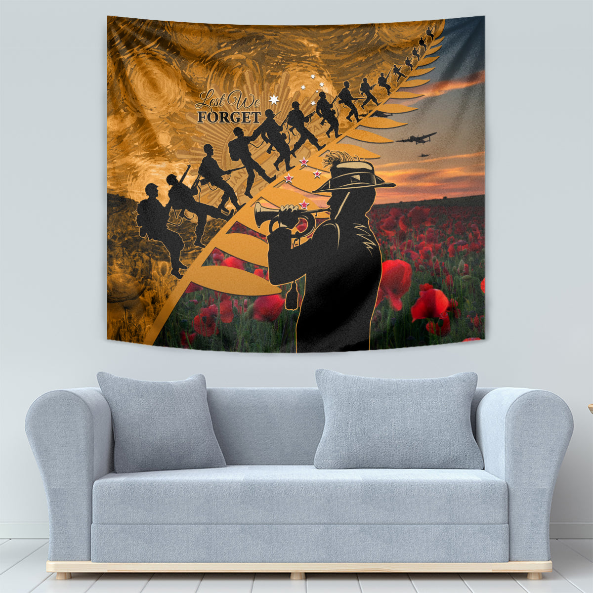 ANZAC Day 2024 Tapestry Silver Fern With A Trumpet Soldier - Vibe Hoodie Shop