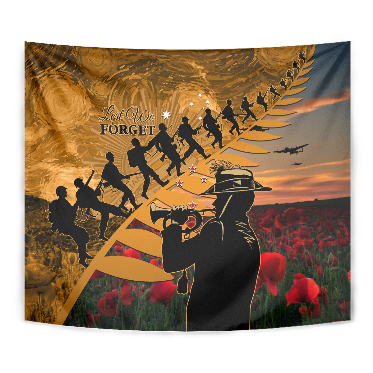 ANZAC Day 2024 Tapestry Silver Fern With A Trumpet Soldier - Vibe Hoodie Shop