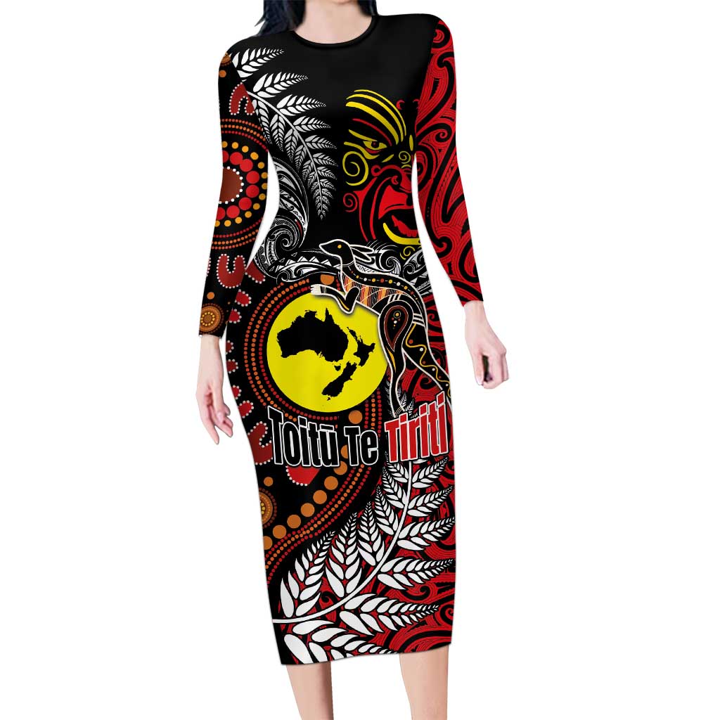 Aotearoa and Australia Toitu Te Tiriti Family Matching Long Sleeve Bodycon Dress and Hawaiian Shirt Honour the Treaty - Stand Together Stand Stronger