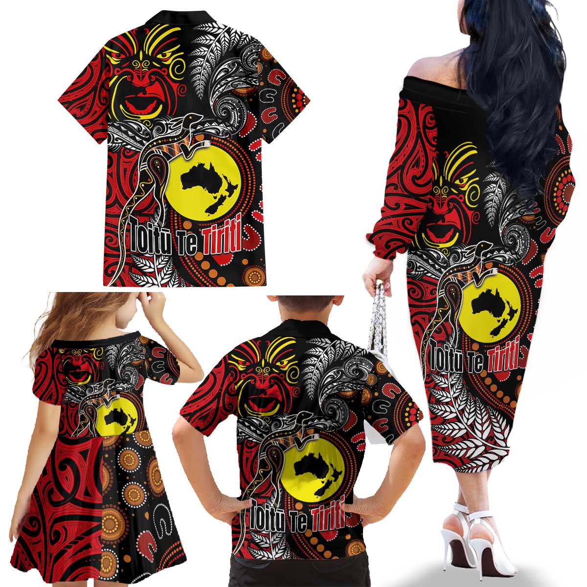 Aotearoa and Australia Toitu Te Tiriti Family Matching Off The Shoulder Long Sleeve Dress and Hawaiian Shirt Honour the Treaty - Stand Together Stand Stronger