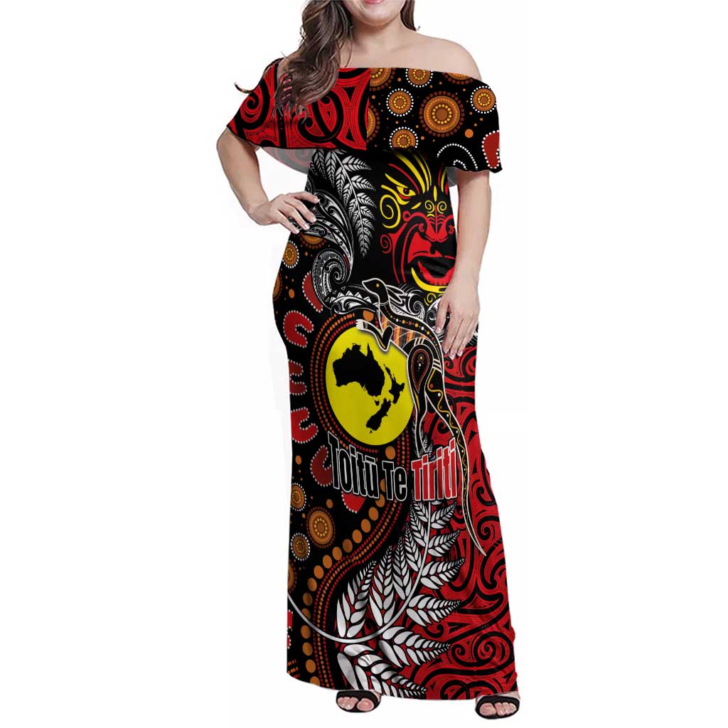 Aotearoa and Australia Toitu Te Tiriti Family Matching Off Shoulder Maxi Dress and Hawaiian Shirt Honour the Treaty - Stand Together Stand Stronger