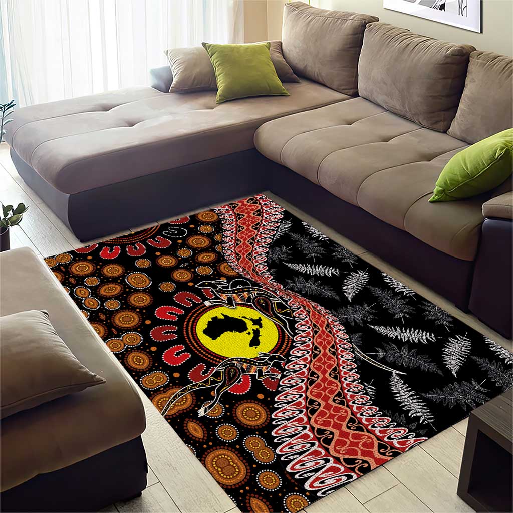 Aotearoa and Australia Area Rug Maori Koru Ferns With Aboriginal Kangaroo - Vibe Hoodie Shop