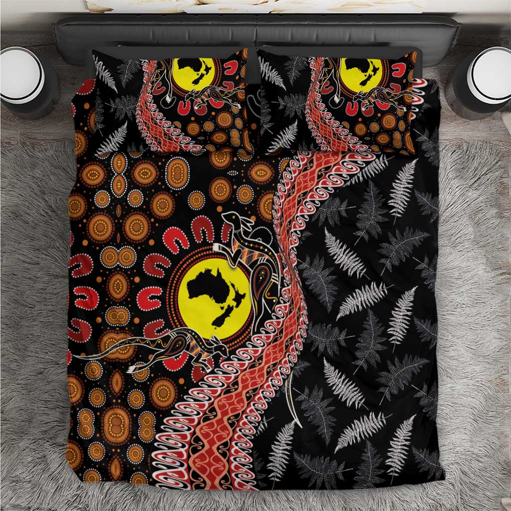 Aotearoa and Australia Bedding Set Maori Koru Ferns With Aboriginal Kangaroo - Vibe Hoodie Shop