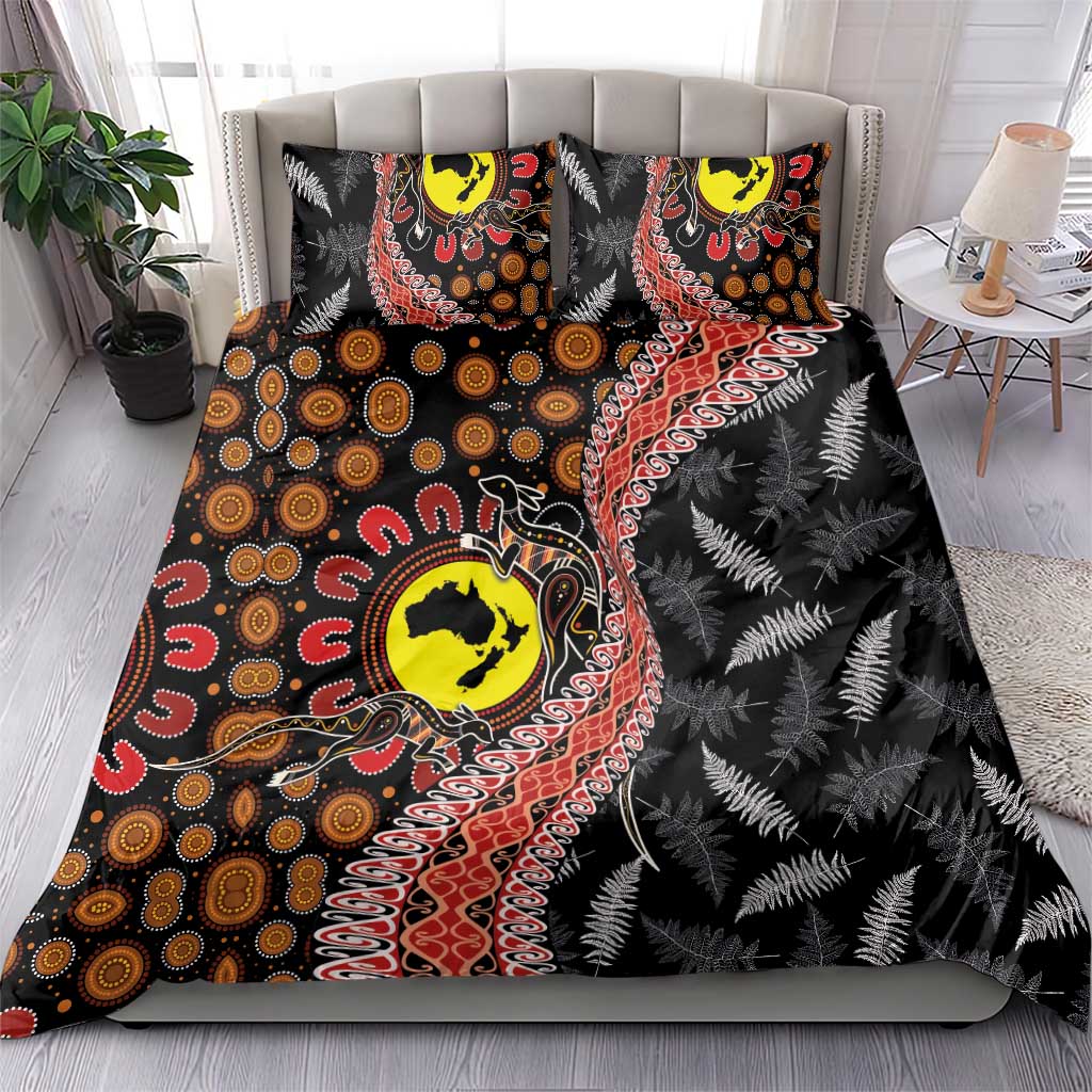 Aotearoa and Australia Bedding Set Maori Koru Ferns With Aboriginal Kangaroo - Vibe Hoodie Shop