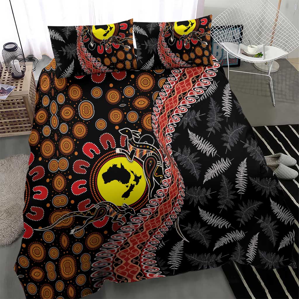 Aotearoa and Australia Bedding Set Maori Koru Ferns With Aboriginal Kangaroo - Vibe Hoodie Shop