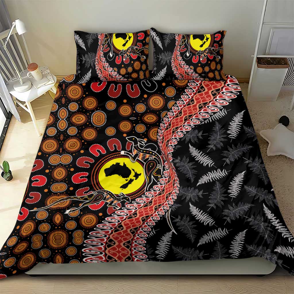 Aotearoa and Australia Bedding Set Maori Koru Ferns With Aboriginal Kangaroo - Vibe Hoodie Shop