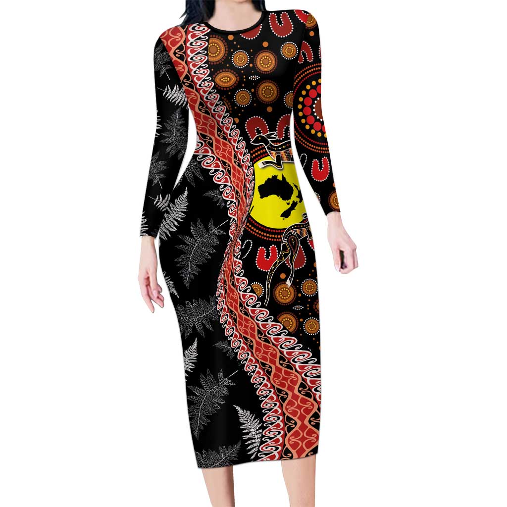 Aotearoa and Australia Family Matching Long Sleeve Bodycon Dress and Hawaiian Shirt Maori Koru Ferns With Aboriginal Kangaroo