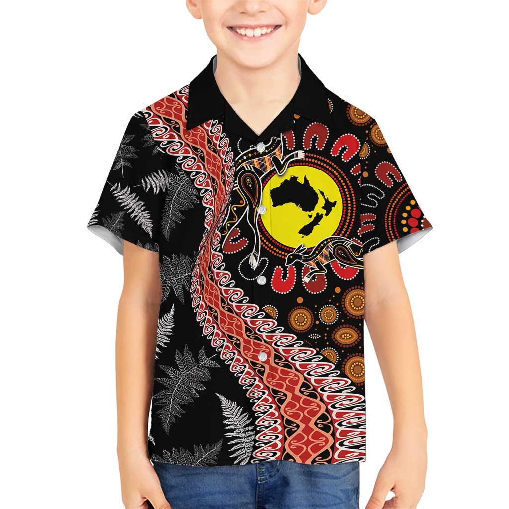 Aotearoa and Australia Family Matching Long Sleeve Bodycon Dress and Hawaiian Shirt Maori Koru Ferns With Aboriginal Kangaroo